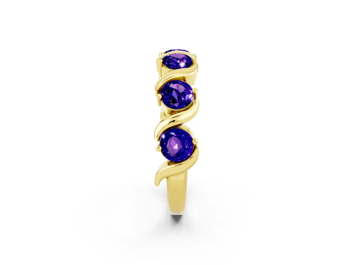 Round Tanzanite Half Eternity Band with Wave Prong Setting Yellow gold