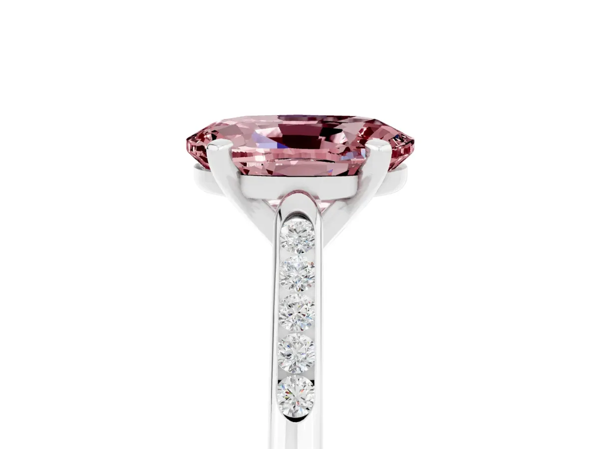 Oval Cut Morganite Solitaire Ring with Channel Set Round Band and Prong Setting Silver