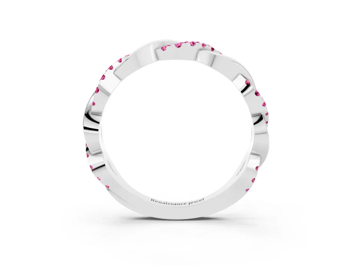 Pavé Round Pink Sapphire Twist Eternity Band with Shared Prong Setting Silver