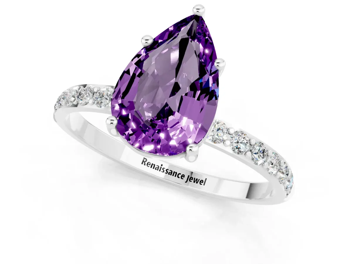 Pear Cut Amethyst Solitaire Ring with Round Pavé Band and Prong Setting Platinum