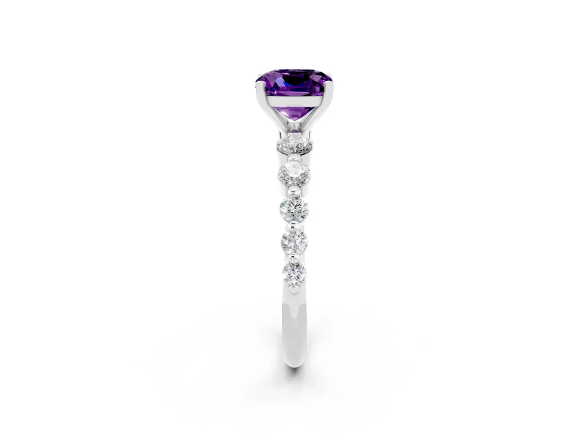 Cushion Cut Solitaire Amethyst Ring with Pave Band and Four-Prong Setting Platinum