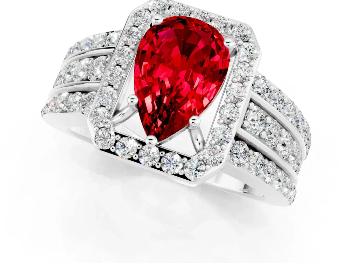 Pear Cut Halo Ruby Ring with Round Split Shank and Prong Setting Silver