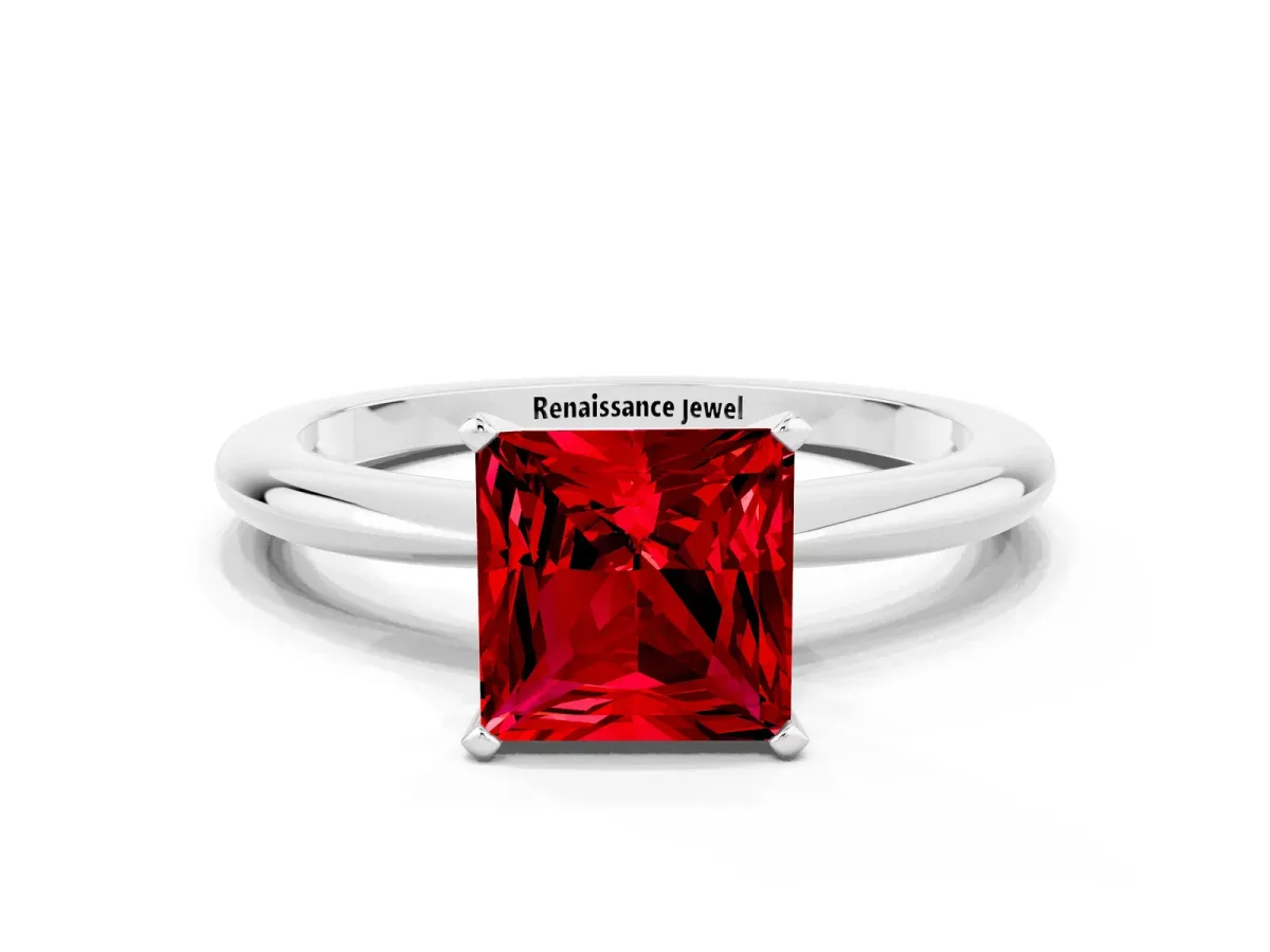 Princess Cut Ruby Solitaire Ring with Six-Prong Setting and Classic Band Platinum