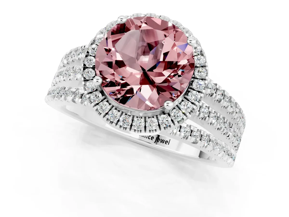 Round Cut Morganite Halo Engagement Ring with Split Shank and Four-Prong Setting Platinum