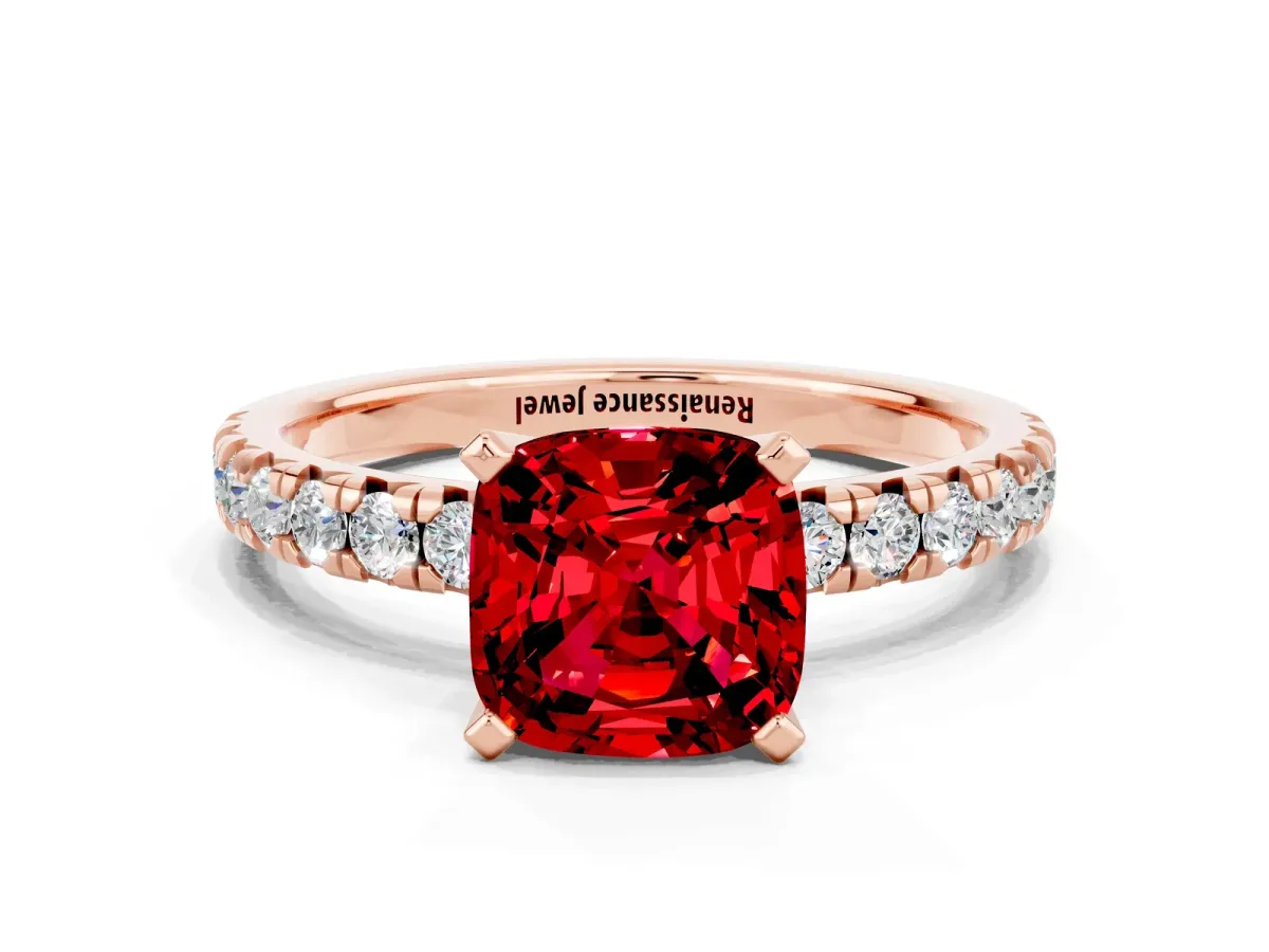 Cushion Cut Ruby Solitaire Pavé Engagement Ring with Round Band and Prong Setting Rose gold