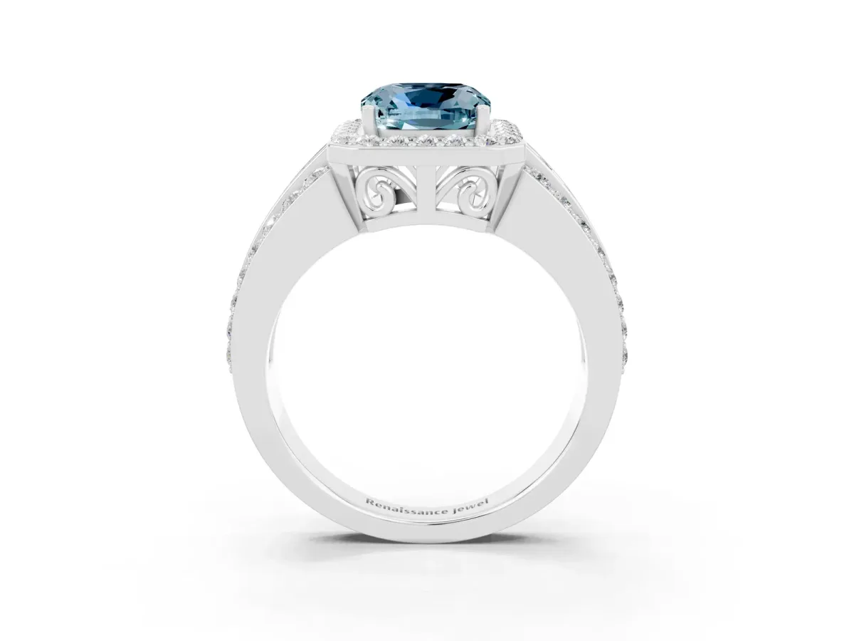 Cushion Cut Halo Aquamarine Ring with Round Split Shank and Prong Setting Silver