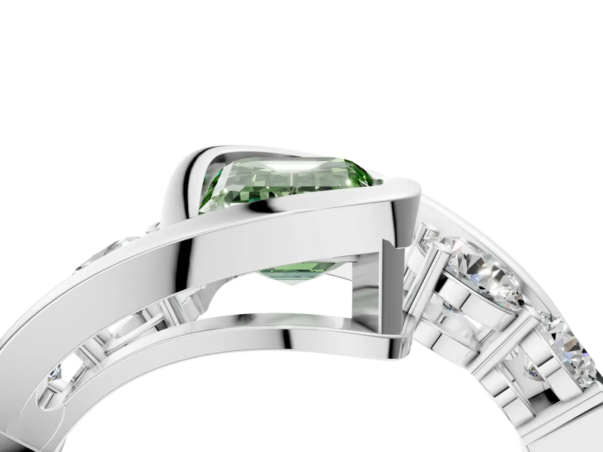 Fancy Green Bezel Set Emerald Cut Diamond Bypass Ring with Round Accents Silver