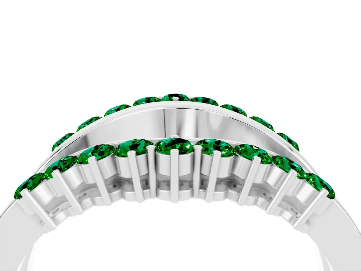 Round Emerald Chevron Contour Band with Prong Setting Silver