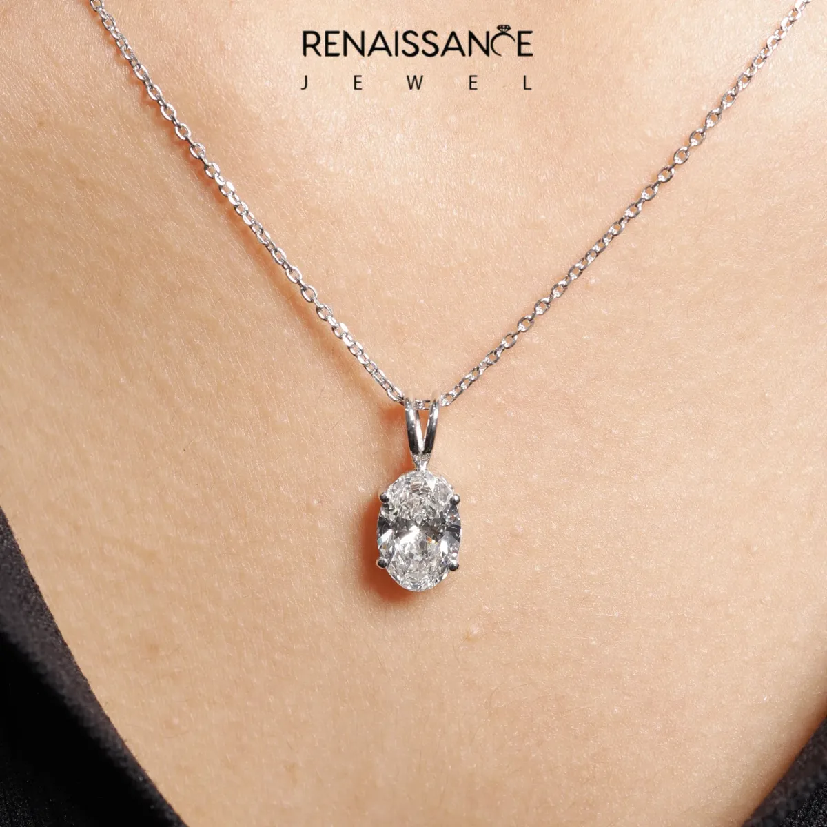Oval Solitaire Diamond Prong Pendant White gold
