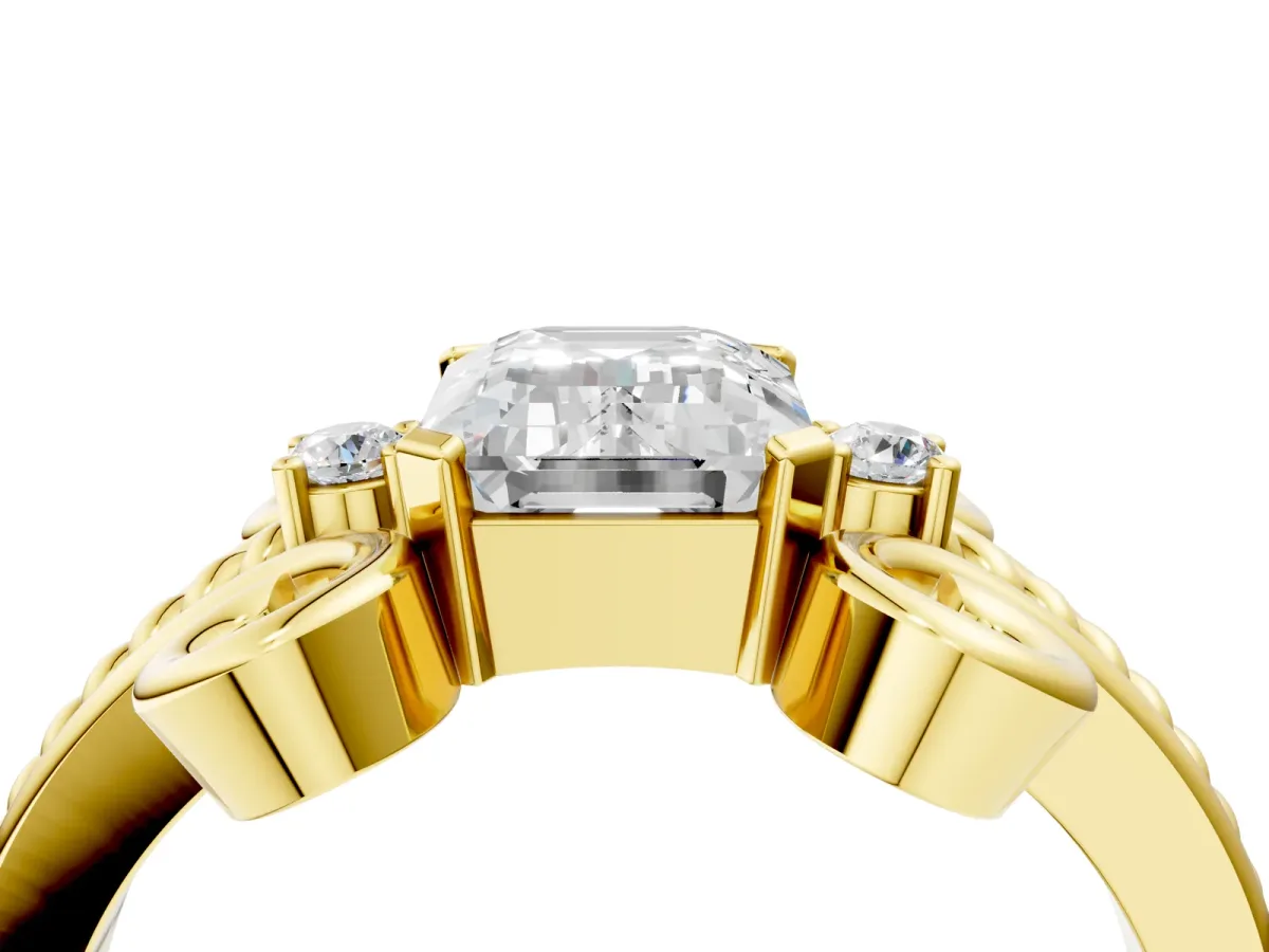 Emerald Cut Solitaire Twisted Band Scroll Prong Ring Yellow gold