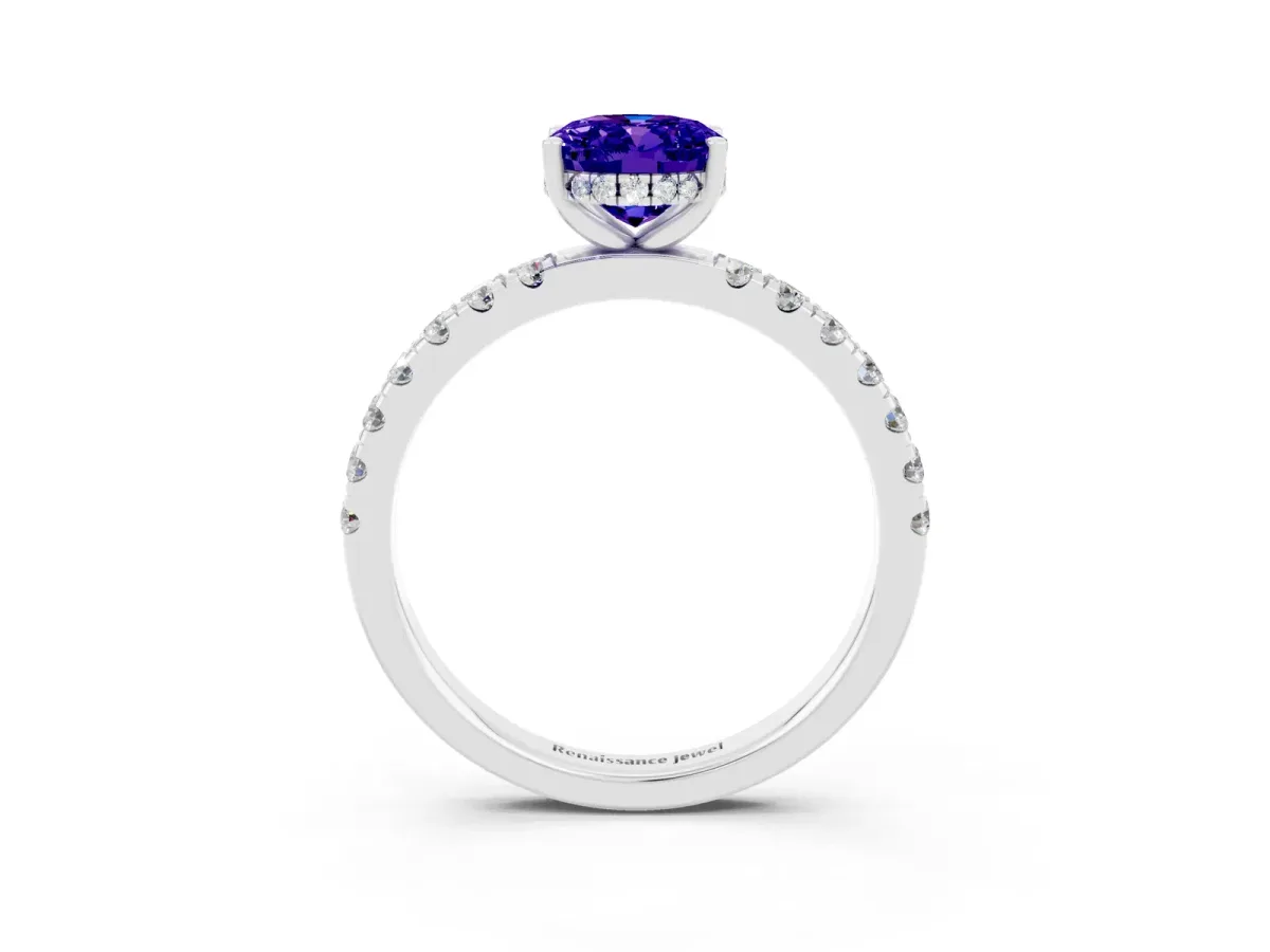 Oval Cut Tanzanite Pave Band Solitaire Ring with Round and Prong Setting Platinum