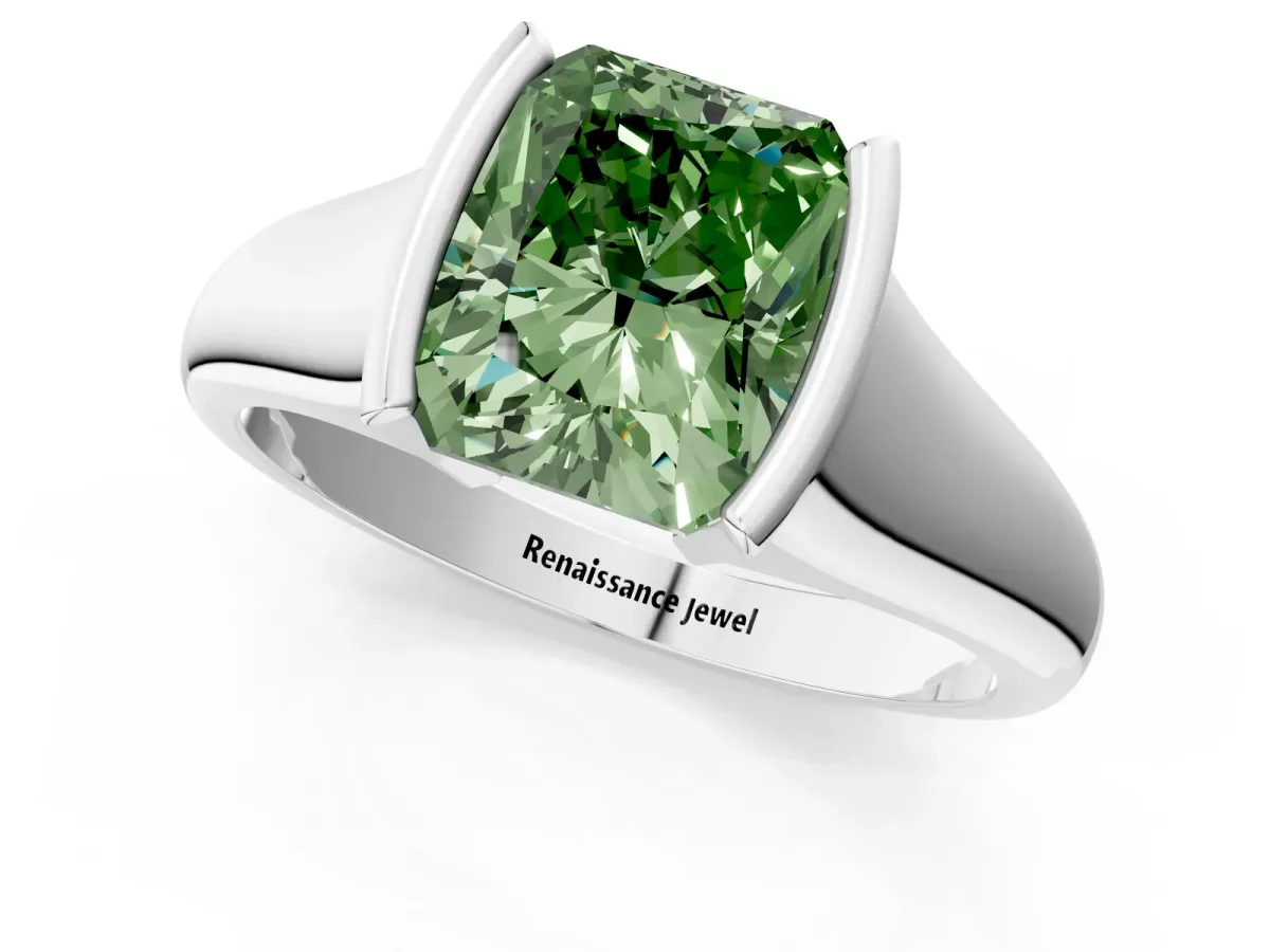 Fancy Green Radiant Cut Solitaire Tension Set Diamond Ring with Split Shank Band Platinum