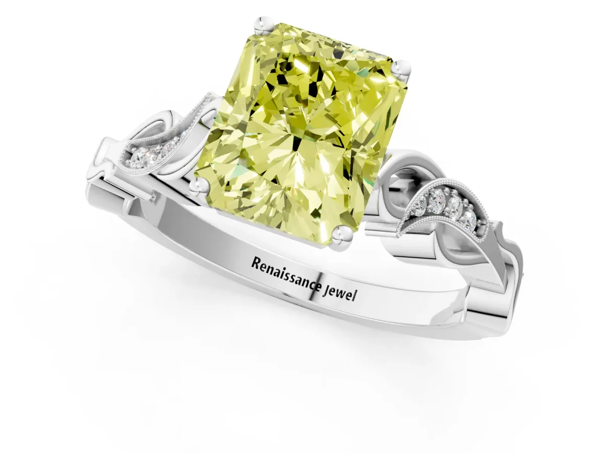 Fancy Yellow Radiant Cut Solitaire Vine Band with Milgrain Prong Setting Platinum