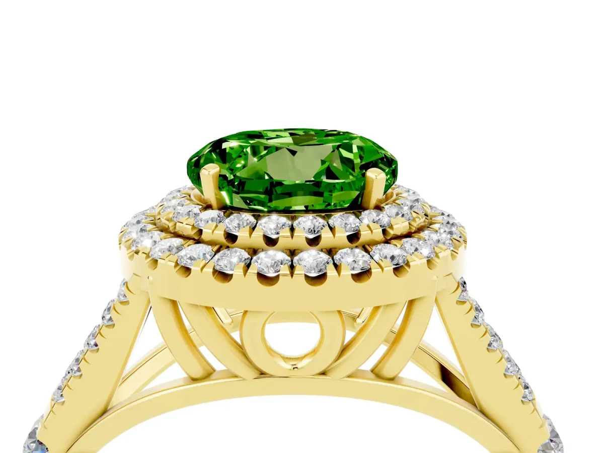 Round Cut Peridot Double Halo Ring with Split Shank and Prong Setting Yellow gold
