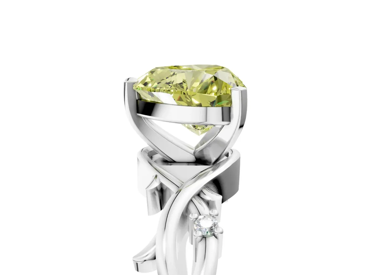 Fancy Yellow Heart Cut Diamond Solitaire Ring with Twisted Band and Prong Setting Silver