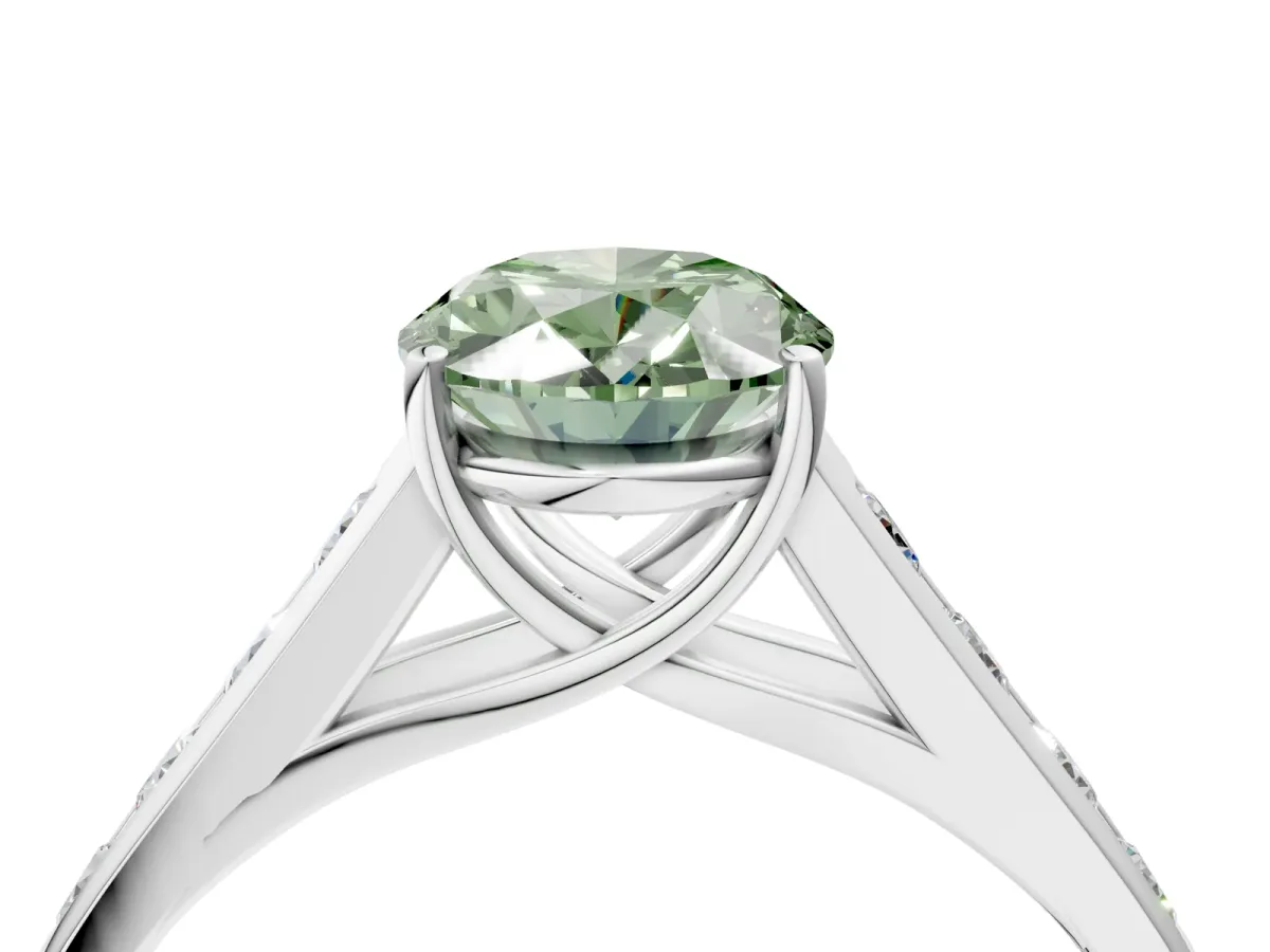 Fancy Green Oval Cut Brilliant Channel-Set Solitaire Ring with Four-Prong Setting White gold