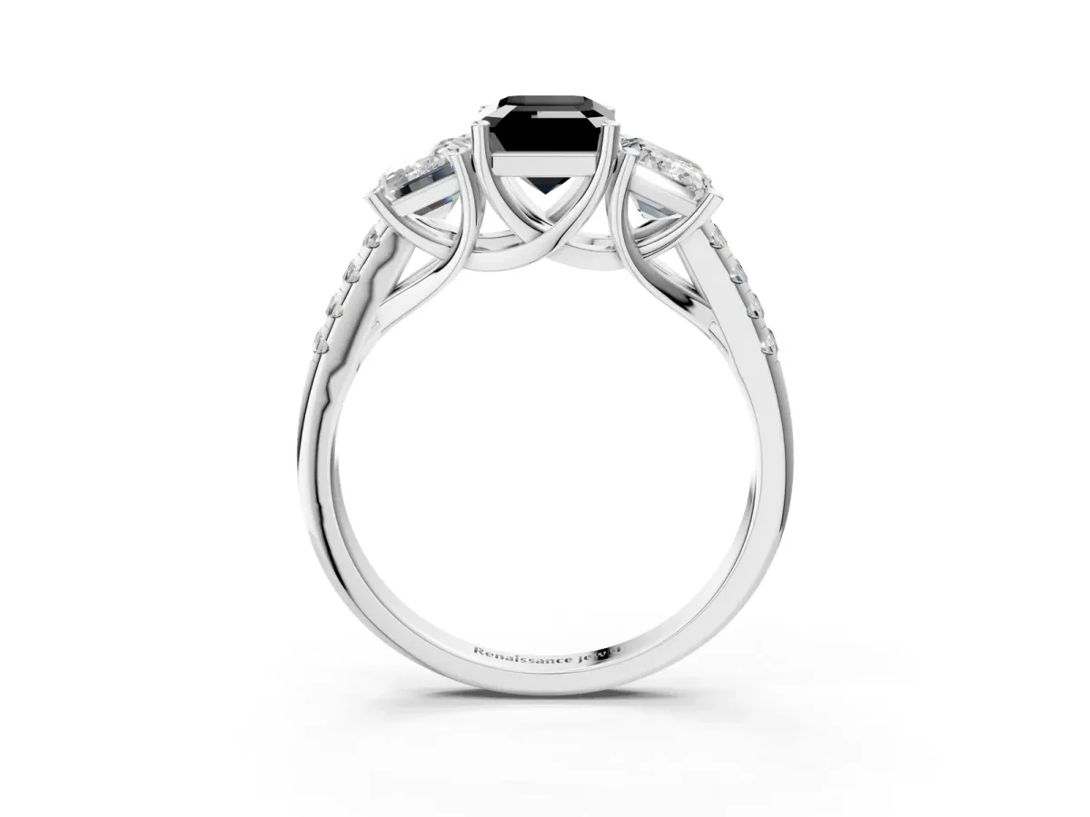 Fancy Black Three-Stone Emerald Cut Diamond Ring with Round Pavé Band and Prong Setting Platinum
