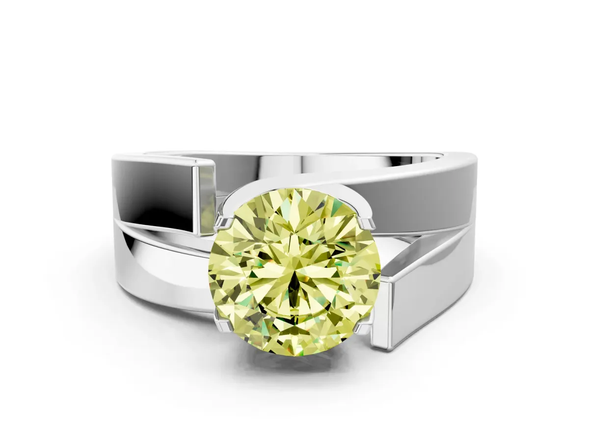Fancy Yellow Modern Tension Set Round Cut Diamond Solitaire Wide Band Ring Silver