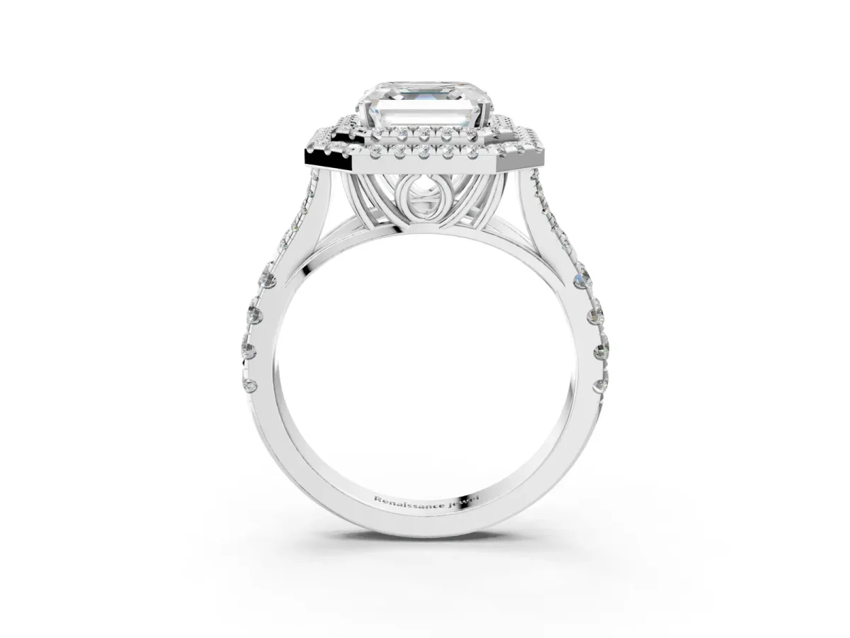 Asscher Cut Diamond Pavé Split Shank Double Halo Engagement Ring Platinum