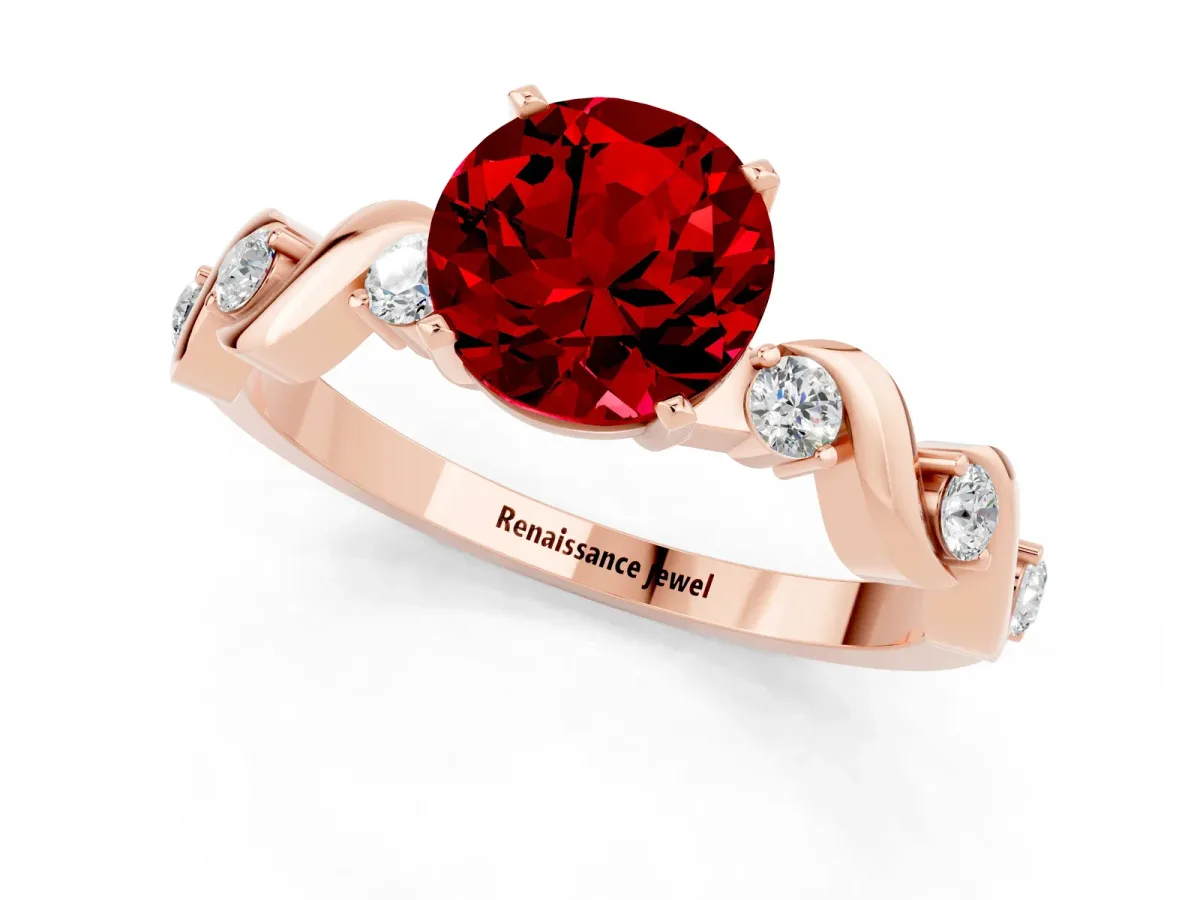 Round Cut Ruby Solitaire Twisted Band with Round Accents and Prong Setting Rose gold