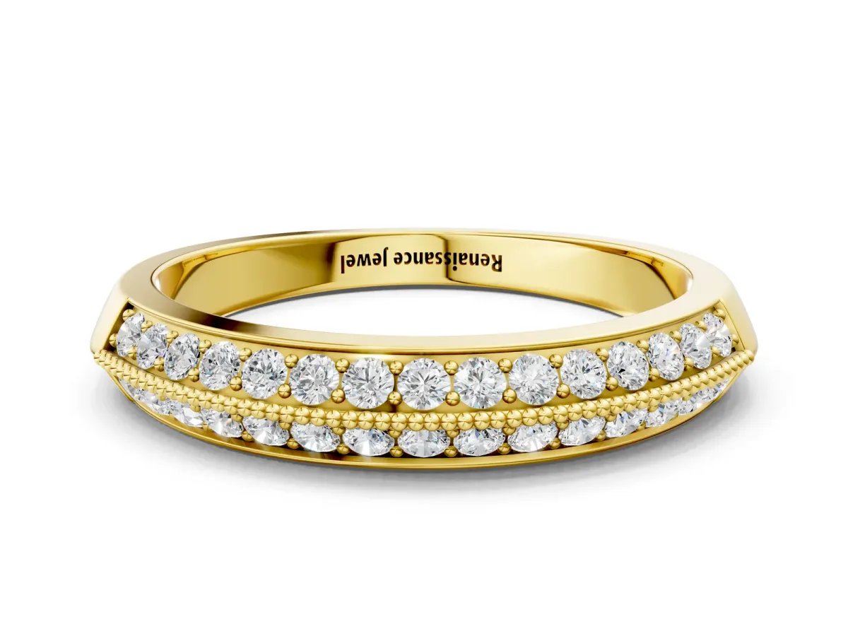 Double Row Pavé Round Diamond White Gold Band with Shared Prong Setting Yellow gold