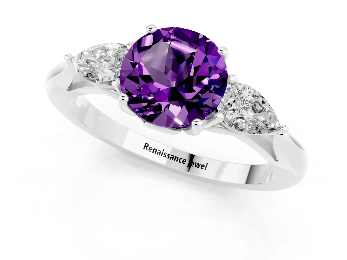 Three-Stone Round Cut Amethyst Ring with Pear Side Stones in Four-Prong Setting Platinum