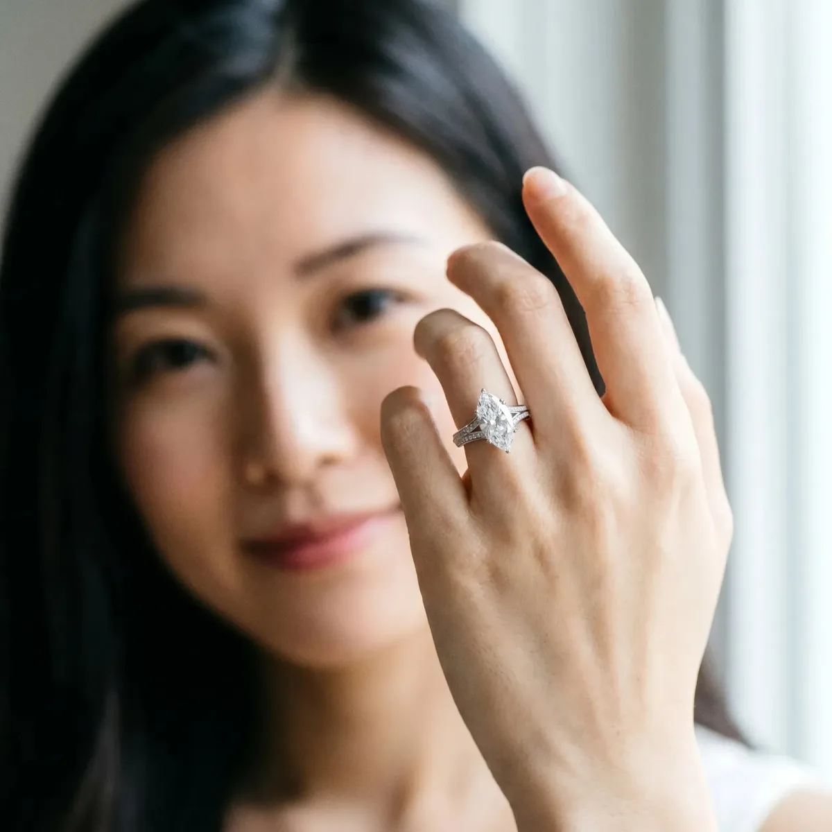 Marquise Cut Diamond Split Shank Engagement Ring with Pavé Band White gold