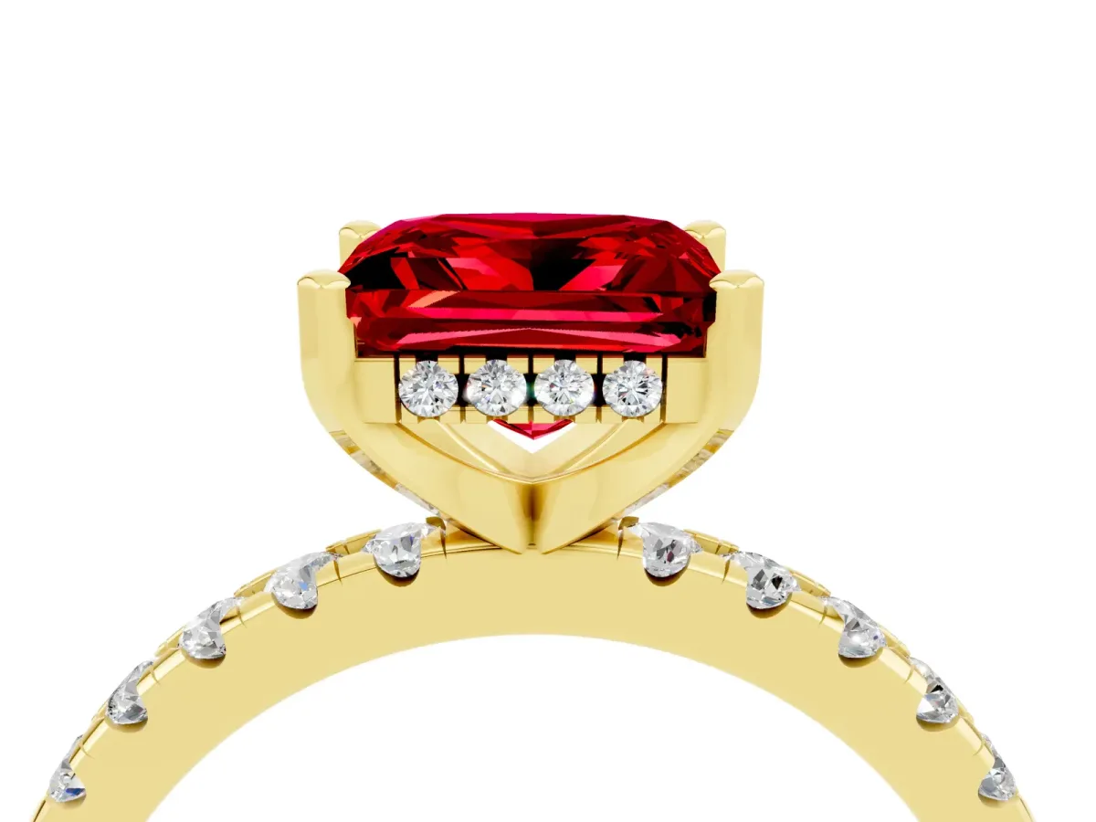 Princess Cut Ruby Solitaire Ring with Round Pavé Band and Four-Prong Setting Yellow gold
