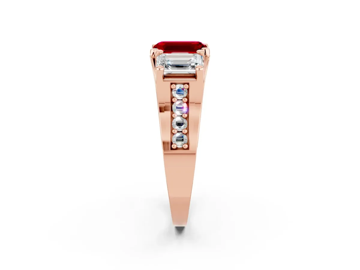 Emerald Cut Ruby Three-Stone Ring with Channel Set Band and Four-Prong Setting Rose gold