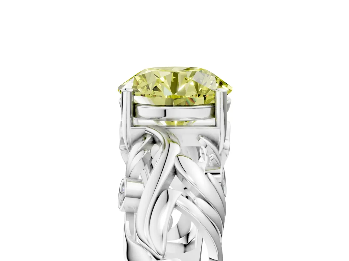 Fancy Yellow Round Cut Solitaire Diamond Leaf-Inspired Vine Band Ring with Prong Setting Silver