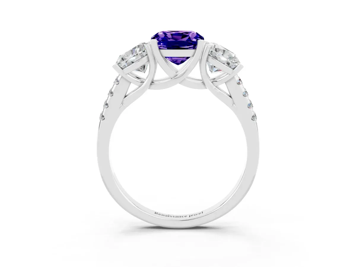 Three-Stone Cushion Cut Tanzanite Ring with Round Pavé Band and Prong Setting Silver