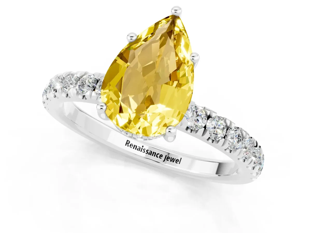 Pear Cut Yellow Sapphire Pave Band Solitaire Ring with Round and Prong Setting Silver
