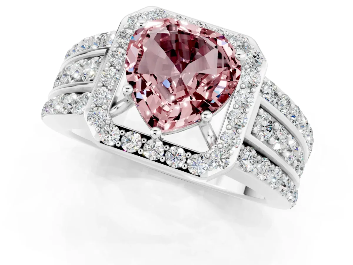 Heart Cut Halo Morganite Ring with Round Split Shank and Prong Setting Silver