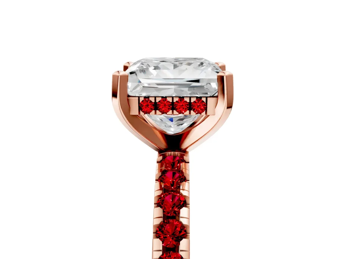 Princess Cut Diamond Solitaire Ring with Round Ruby Pavé Band and Four-Prong Setting Rose gold