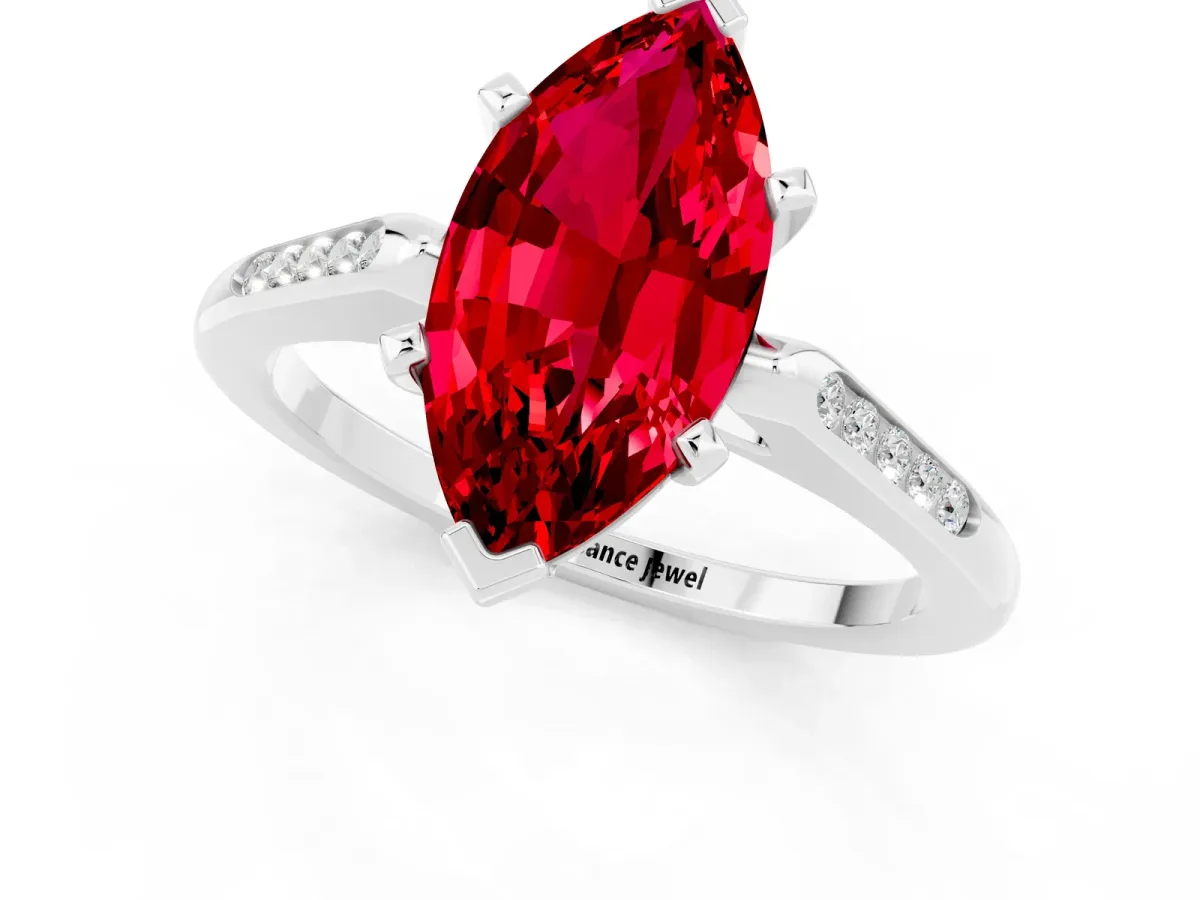 Marquise Cut Ruby Solitaire Ring with Channel Set Round Band and Prong Setting Silver