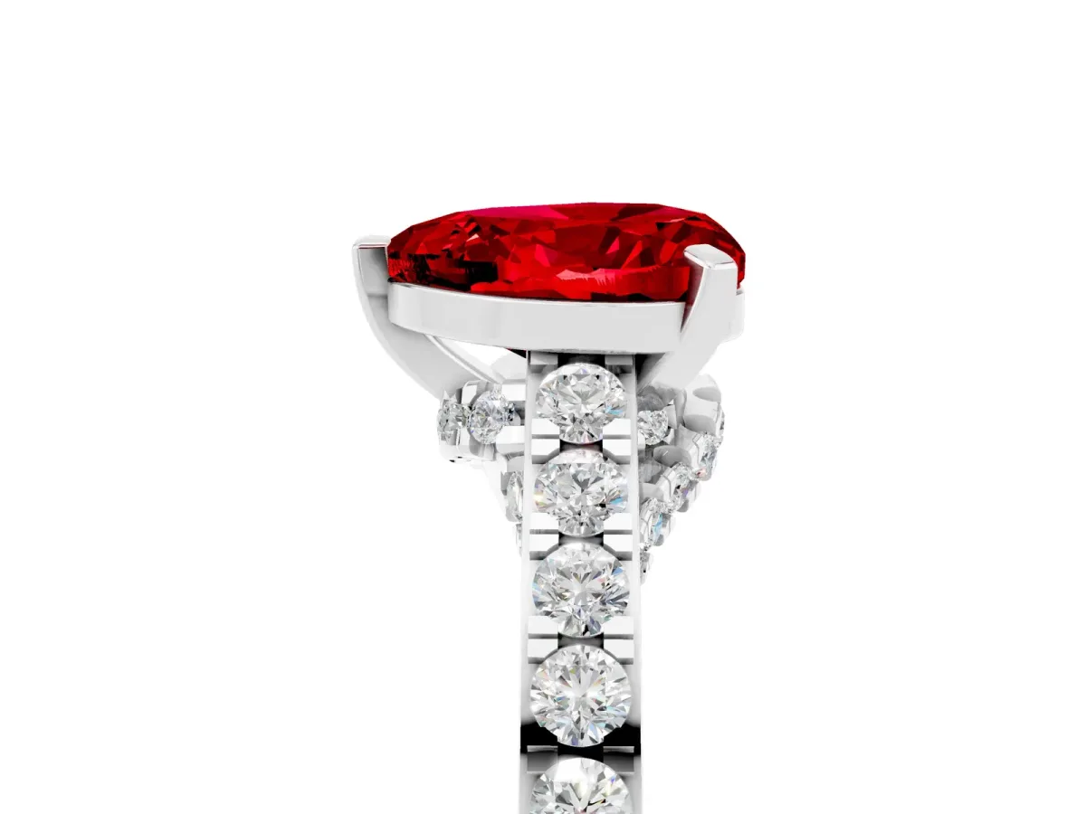 Heart Cut Ruby Solitaire Ring with Crossover Gallery and Round Pavé Band Silver