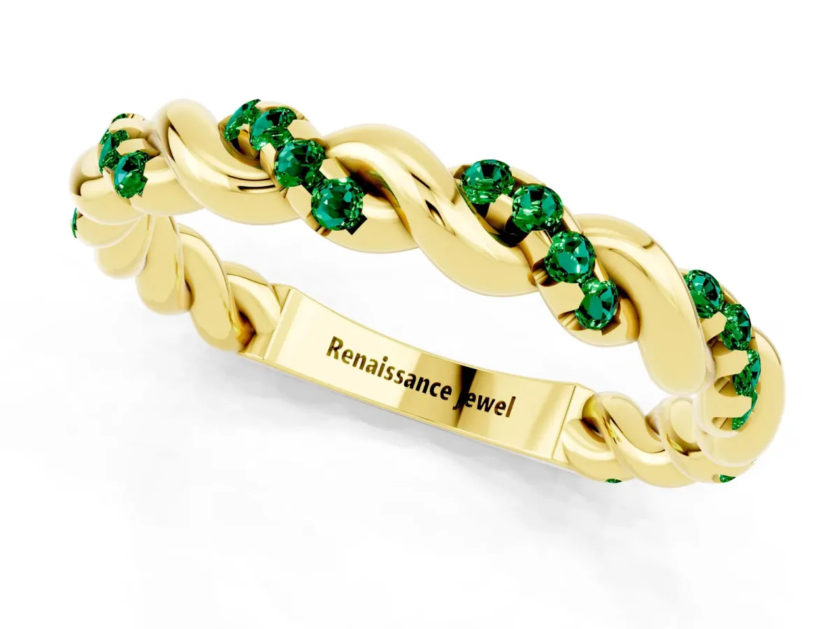 Twisted Pavé Round Emerald Eternity Band Yellow gold