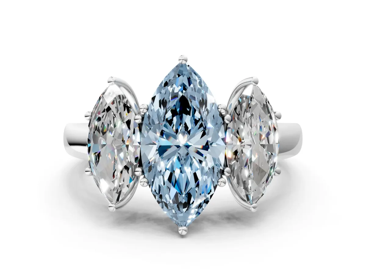 Fancy Blue Marquise Cut Diamond Three-Stone Ring with Four-Prong Setting and Classic Band Platinum