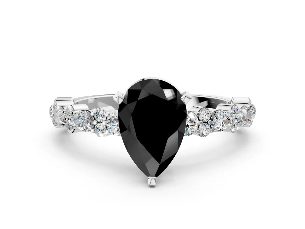 Fancy Black Pear Cut Diamond Side Stone Solitaire Ring with Round and Four-Prong Setting Silver