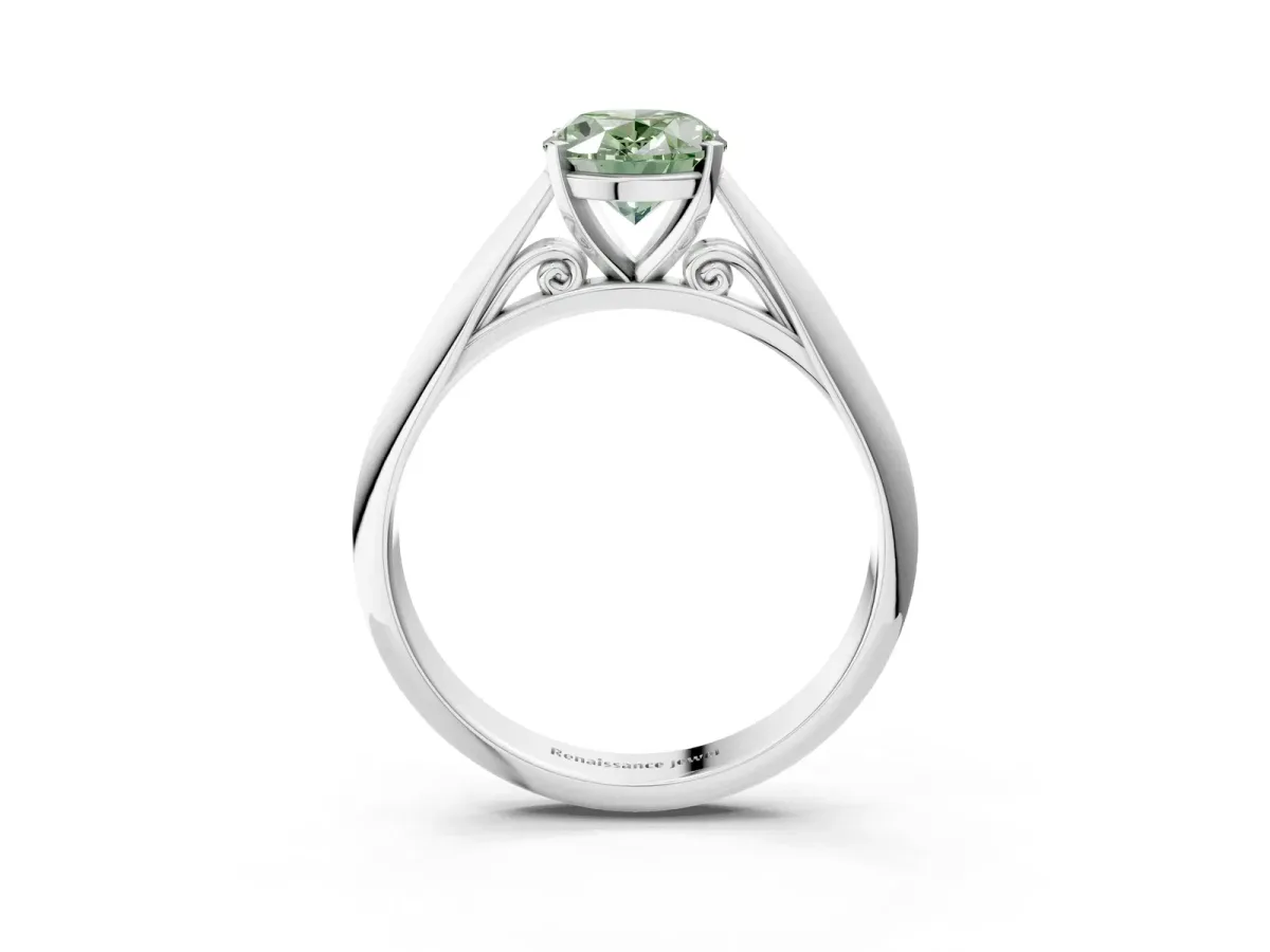 Fancy Green Oval Cut Diamond Solitaire Engagement Ring with Cathedral Setting and Four-Prong Mount Silver