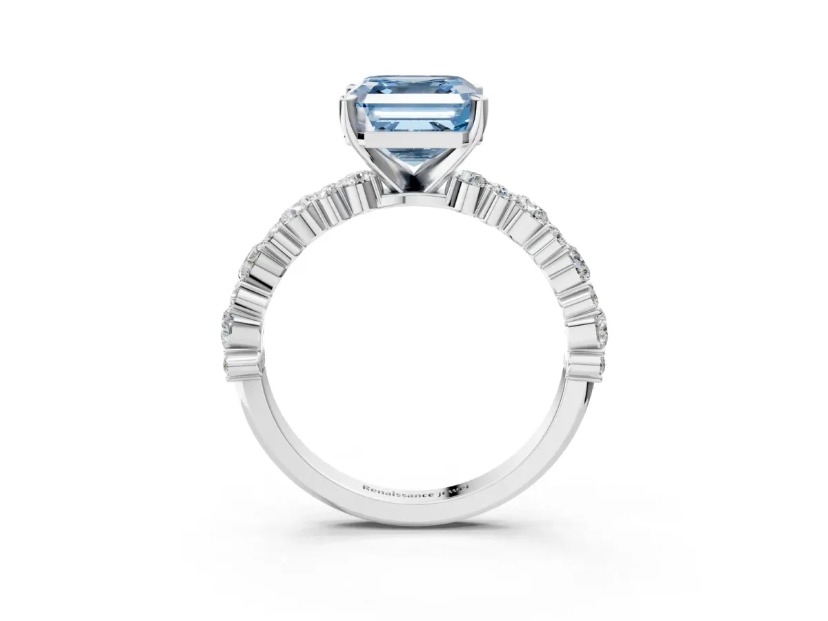Fancy Blue Asscher Cut Diamond Side Stone Solitaire Ring with Round and Four-Prong Setting White gold