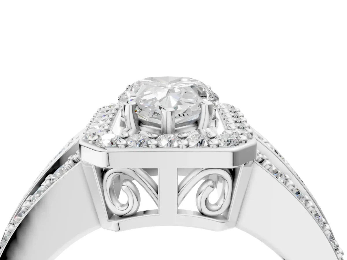 Pear Cut Halo Diamond Ring with Round Split Shank and Prong Setting Platinum