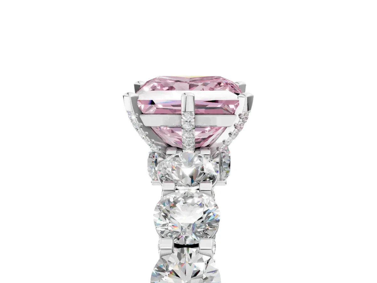 Fancy Pink Princess Cut Diamond Side Stone Engagement Ring with Four-Prong Setting Platinum