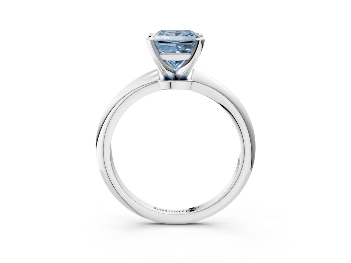 Fancy Blue Princess Cut Diamond Solitaire Ring with Six-Prong Setting and Classic Band Silver