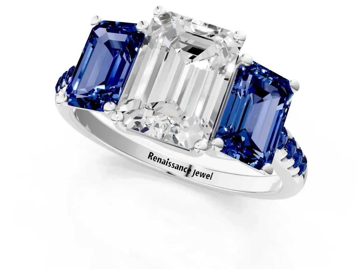 Three-Stone Emerald Cut Diamond Ring with Round Blue Sapphire Pavé Band and Prong Setting Silver