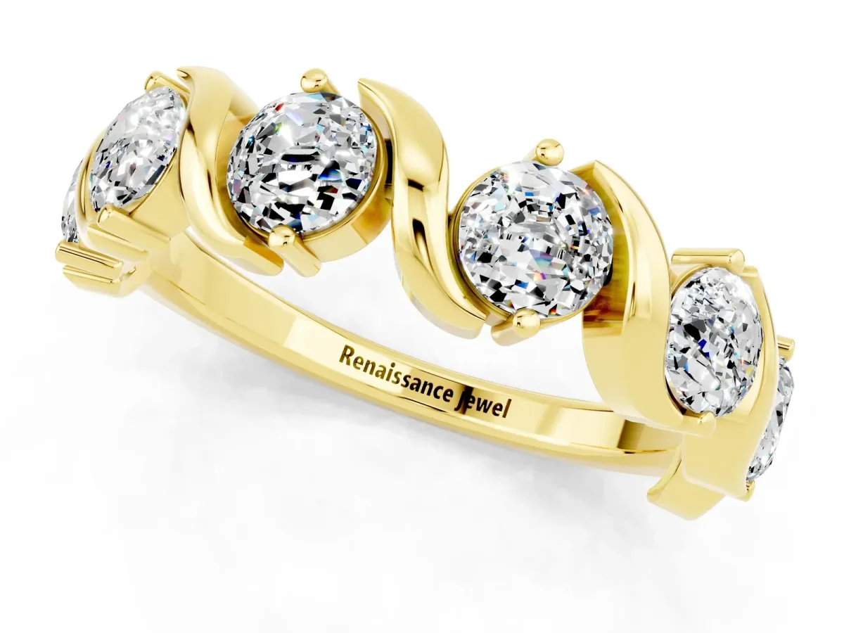 Round Moissanite Half Eternity Band with Wave Prong Setting Yellow gold