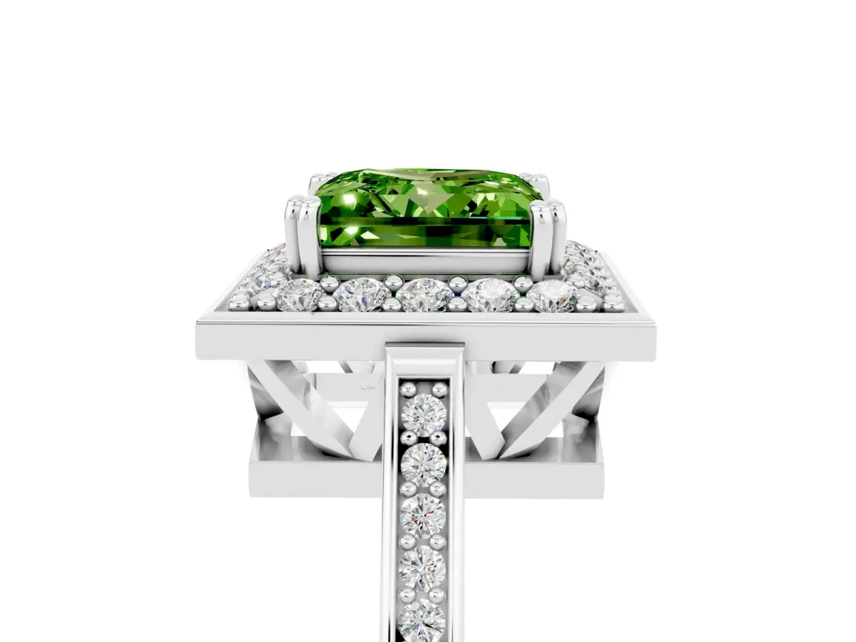 Princess Cut Peridot Halo Ring with Split Shank and Four-Prong Setting Platinum