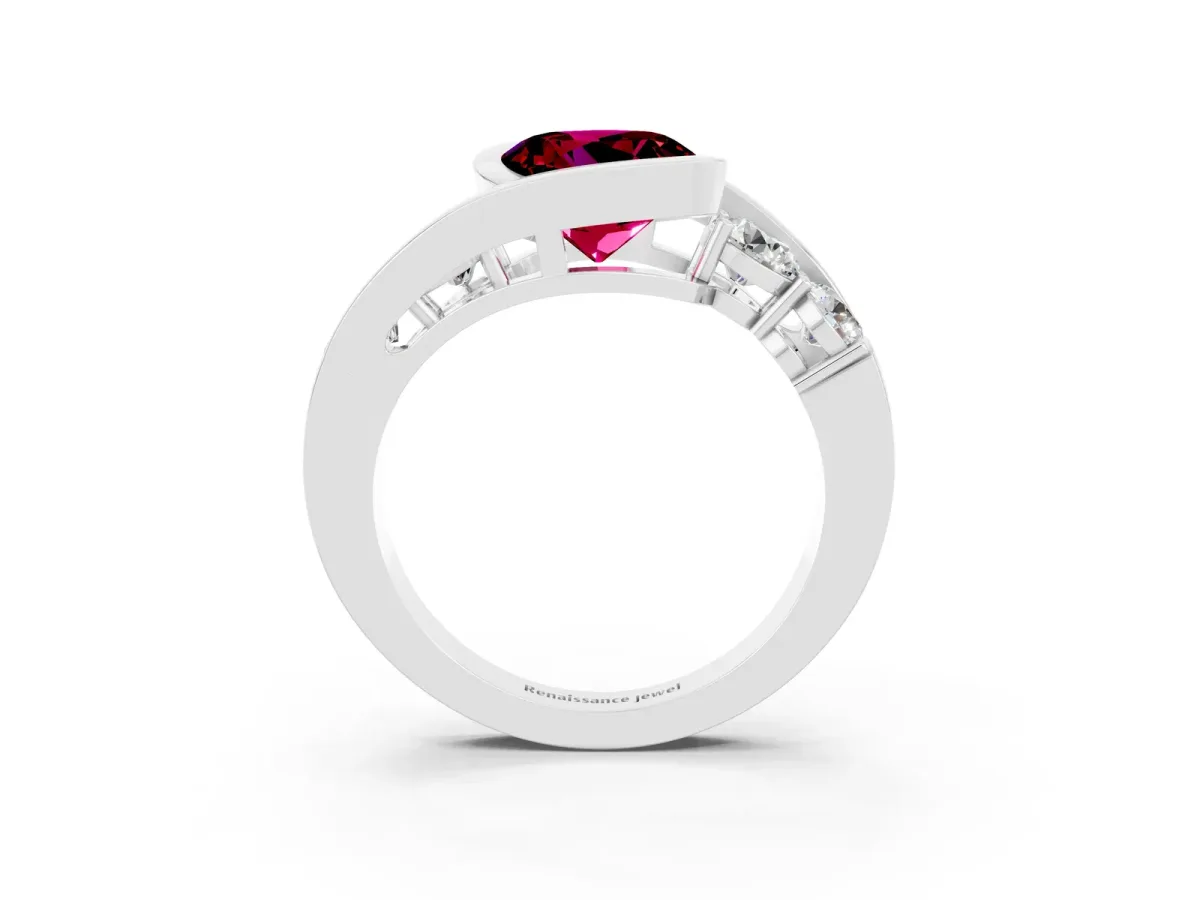 Bezel Set Round Cut Garnet Bypass Ring with Round Accents Silver