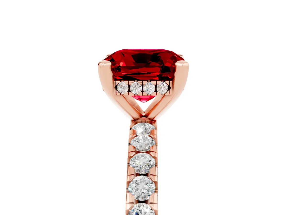 Cushion Cut Ruby Solitaire Ring with Round Pavé Band and Four-Prong Setting Rose gold