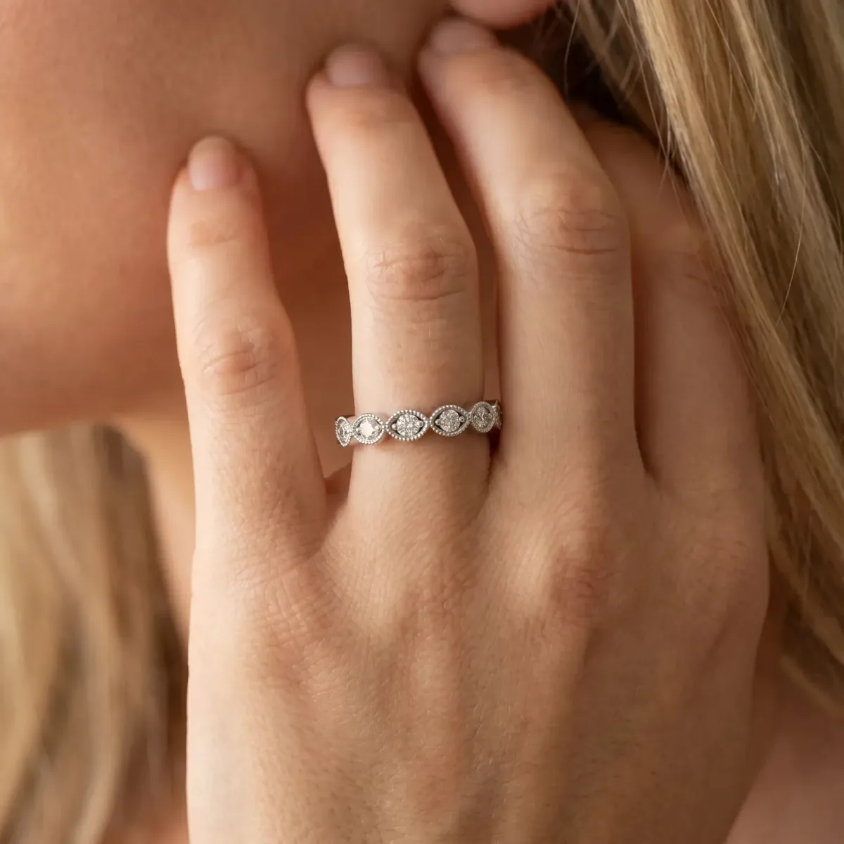Milgrain Marquise Diamond Eternity Band with Bezel Setting Platinum
